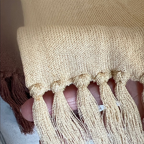 VINTAGE SCARF 80s Ombre 3-tone Tan Brown and Cream Knit Jersey w Fringe - Picture 7 of 15